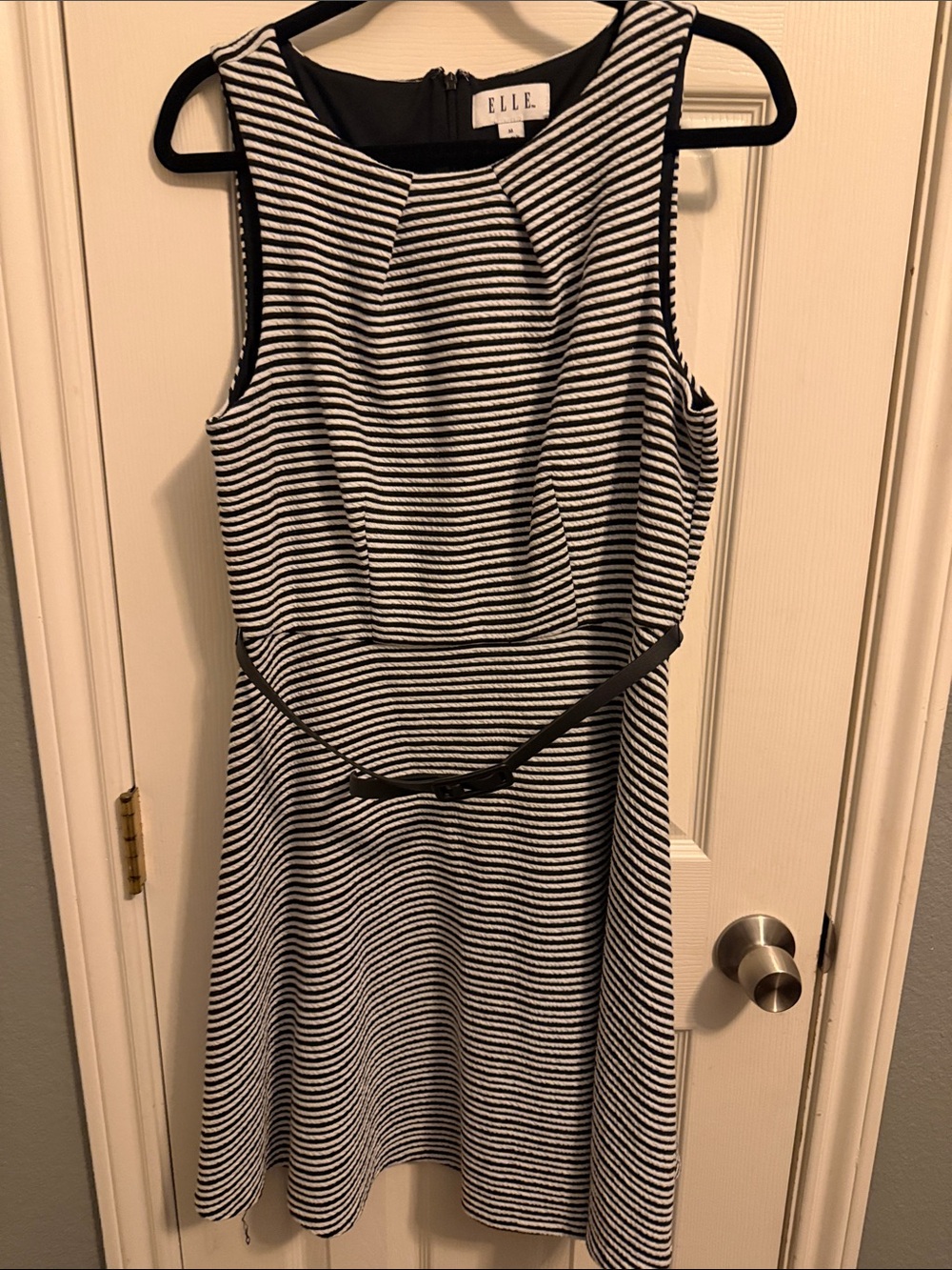 Elle Black and White Striped Sleeveless Fit-and-Flare Dress